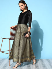 Black Poly Silk Gold Printed Jumpsuit-AHJSPSFP-952-FF