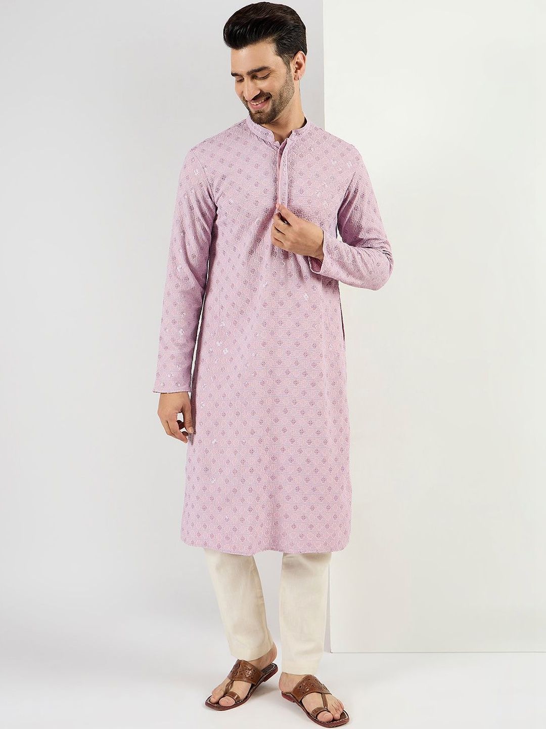 Ethnic Bay Men Purple Viscose Rayon Solid Embroidered Straight Kurta With Pant Set-MKSET1061