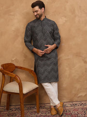 Ethnic Bay Men Black Silk Blend Geometric Printed Straight Kurta With Pant Set-MKSET1520