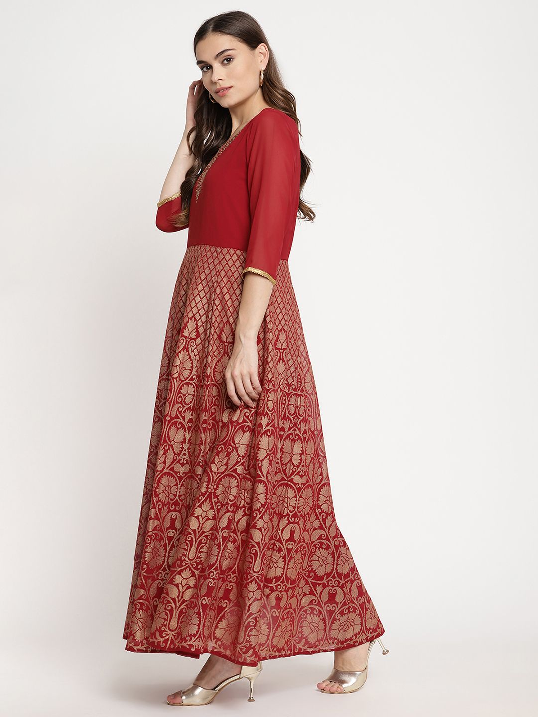 Maroon Gold Print Kurta with Dupatta - Indian Designer Kurta