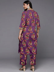 Plus Size Floral Printed Straight Sequinned Kurta with Trousers-AP-AHKUPN-COMBO-1004