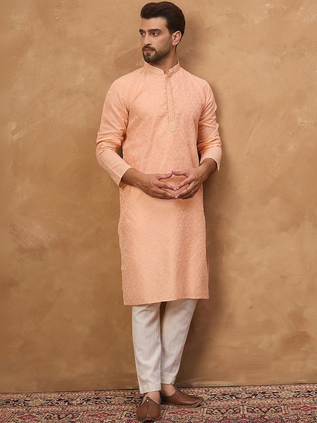 Ethnic Bay Men Peach Silk Blend Solid Embroidered Straight Kurta With Pant Set-MKSET1453