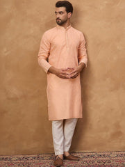 Ethnic Bay Men Peach Silk Blend Solid Embroidered Straight Kurta With Pant Set-MKSET1453