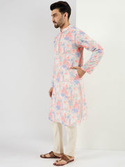 Ethnic Bay Men Off White Viscose Rayon Abstract Embroidered Straight Kurta With Pant Set-MKSET1082