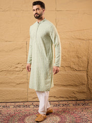 Ethnic Bay Men Green Rayon Blend Solid Embroidered Straight Kurta With Pant Set-MKSET1231