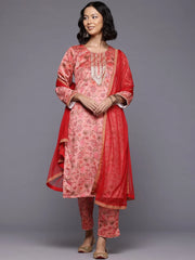 Floral Printed Gotta Patti Velvet Kurta With Trousers & Dupatta-AHKUPNDU-COMBO-1029