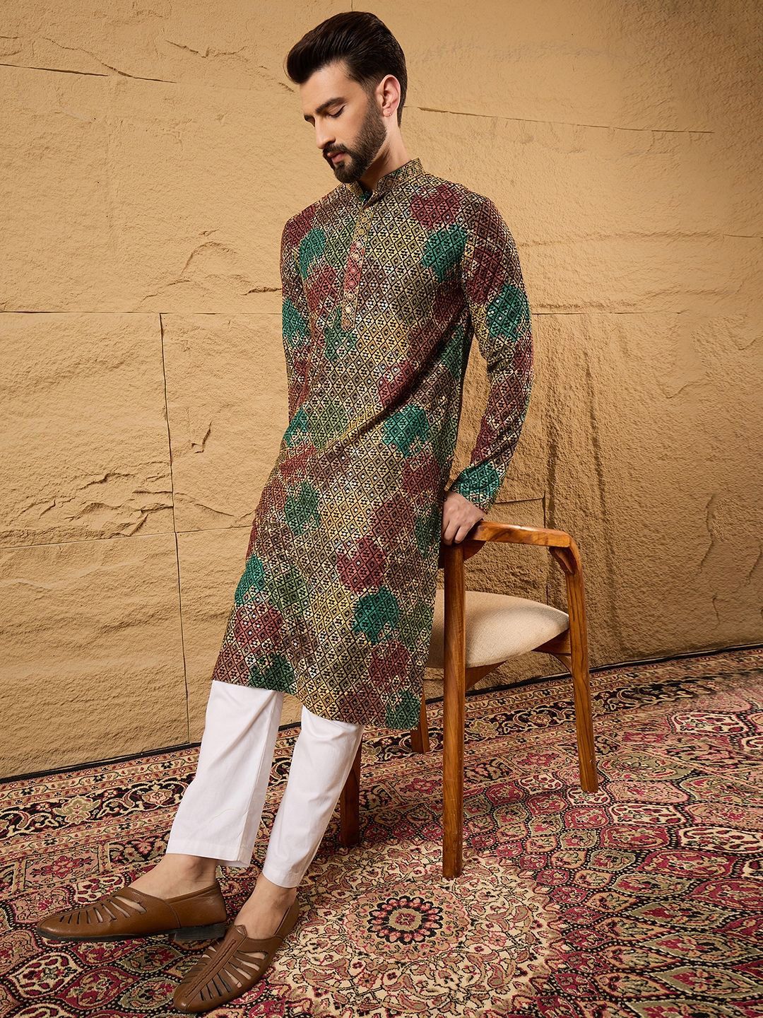 Ethnic Bay Mens Multi Viscose Rayon Geometric Embroidered Chikankari Straight Kurta With Pant Set-MKSET1180