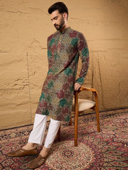 Ethnic Bay Mens Multi Viscose Rayon Geometric Embroidered Chikankari Straight Kurta With Pant Set-MKSET1180