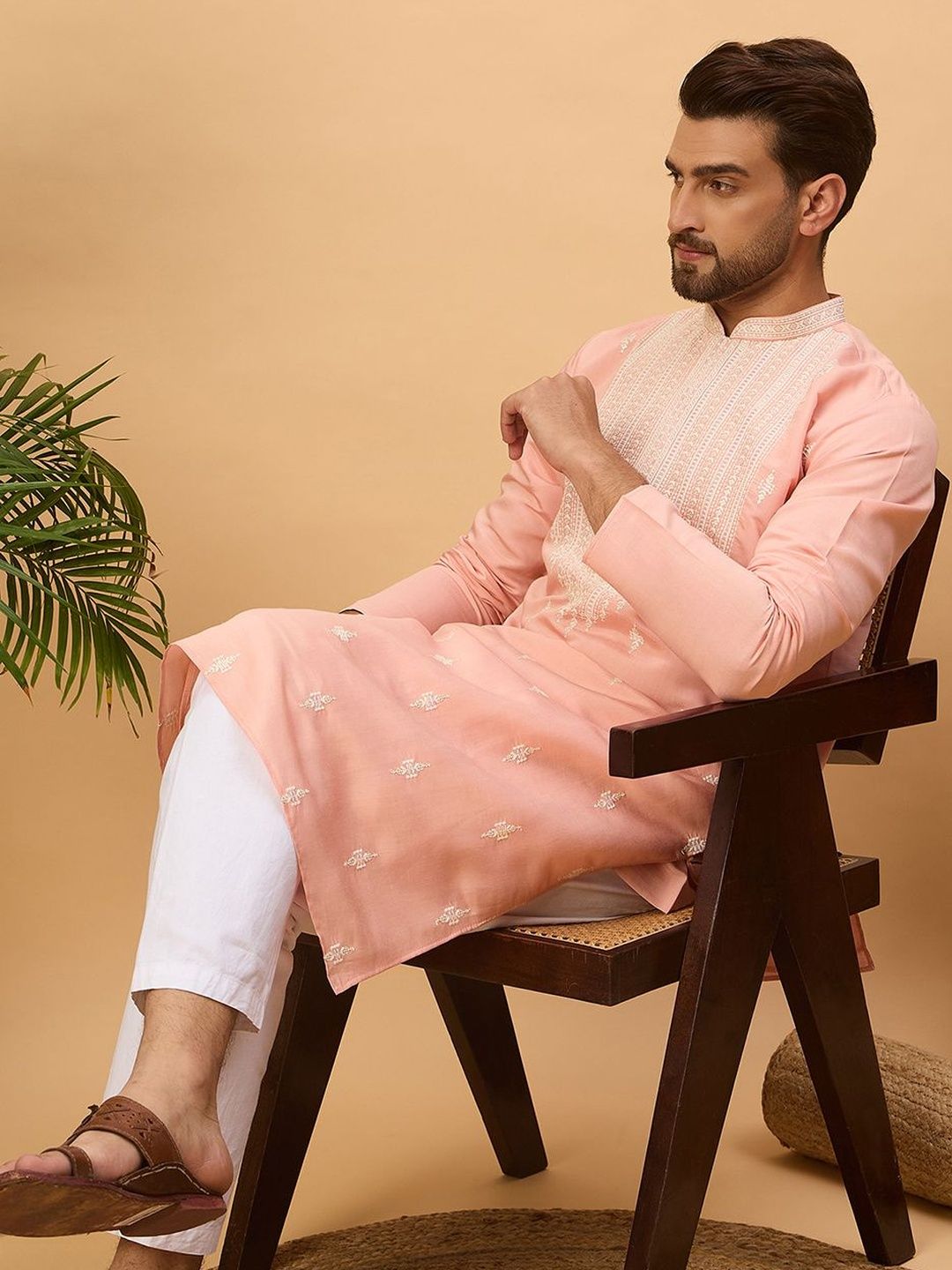 Ethnic Bay Men Peach Silk Blend Solid Embroidered Straight Kurta With Pant Set-MKSET1510