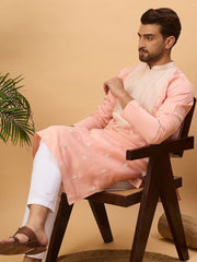 Ethnic Bay Men Peach Silk Blend Solid Embroidered Straight Kurta With Pant Set-MKSET1510