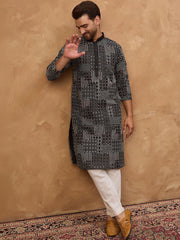 Ethnic Bay Men Black Silk Blend Geometric Printed Straight Kurta With Pant Set-MKSET1528