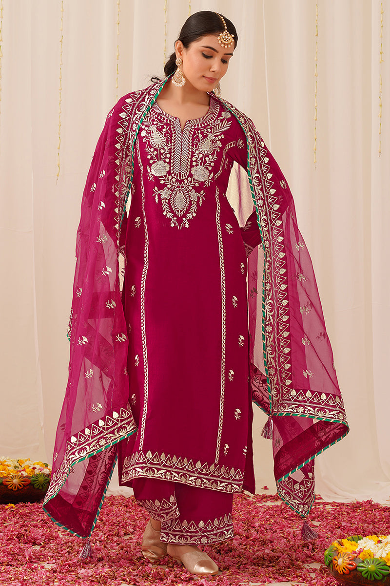 Pink Silk Blend Embroidered Solid Yoke Design Straight Palazzo Suit Se