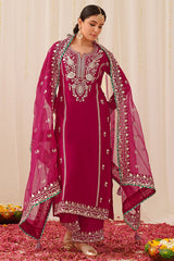 Pink Silk Blend Embroidered Solid Yoke Design Straight Palazzo Suit Set PKSKD2490