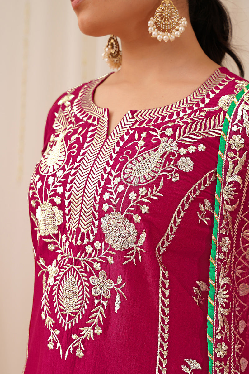 Pink Silk Blend Embroidered Solid Yoke Design Straight Palazzo Suit Se