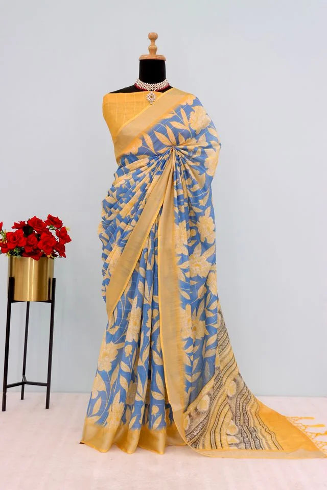 Linen Digital Print Yellow Saree With Unstiched Blouse Piece