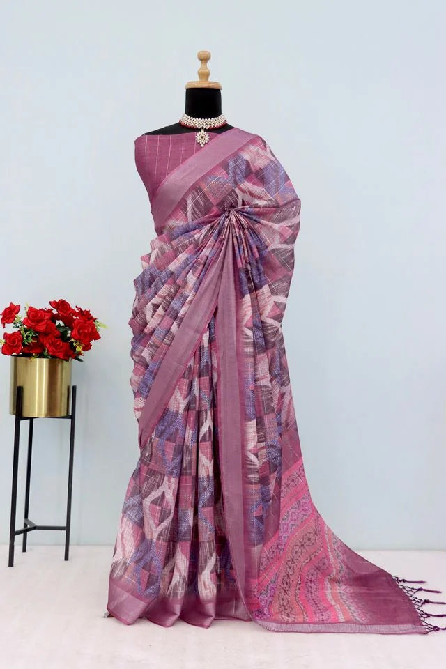 Linen Digital Print Peach Saree With Unstiched Blouse Piece