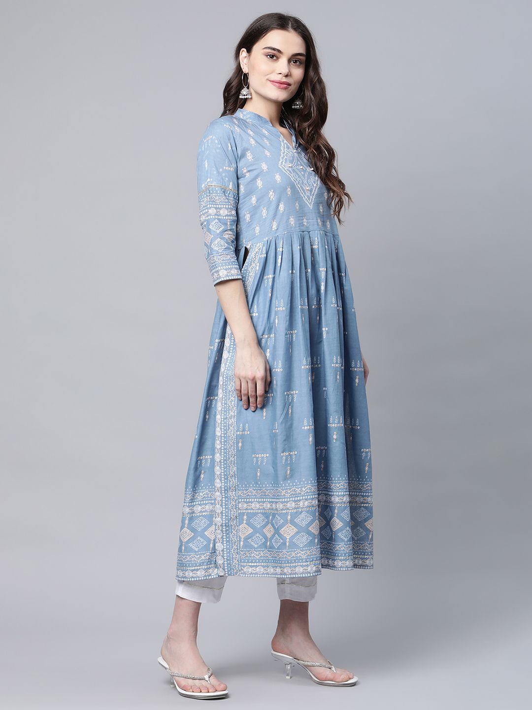 Pastel Blue Cotton Printed Kurta Pant Set with Dupatta | Women's
