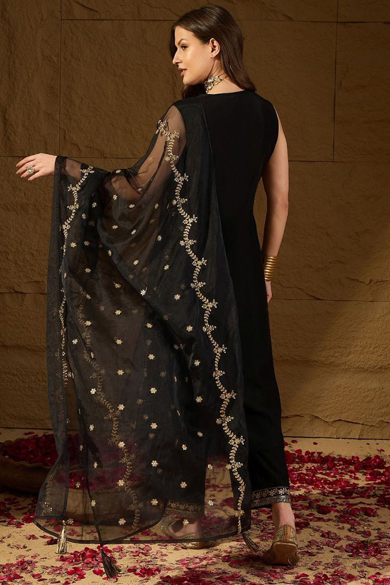 Black Silk Blend Embroidered Straight Kurta Palazzo With Dupatta HOPKS