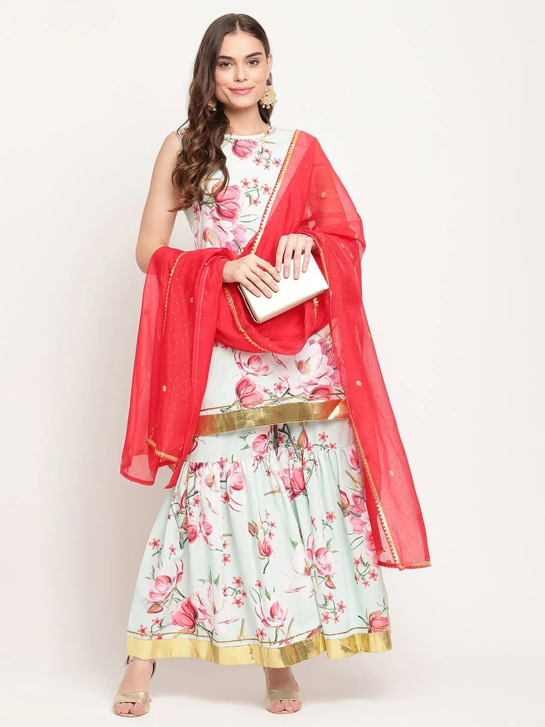 Mint Green Floral Print Sharara Set | Women's Designer Suit