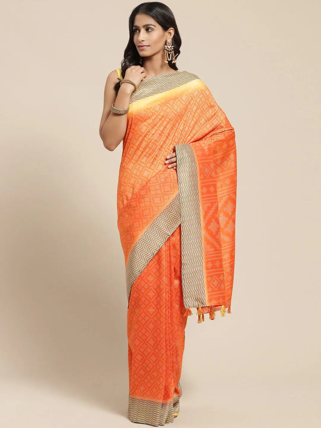 Orange Printed Cotton Blend Saree-VSAR1256a-Standard