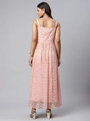 Pink Net Gold Foil Print Dress-AHDRNTFP-943-FF