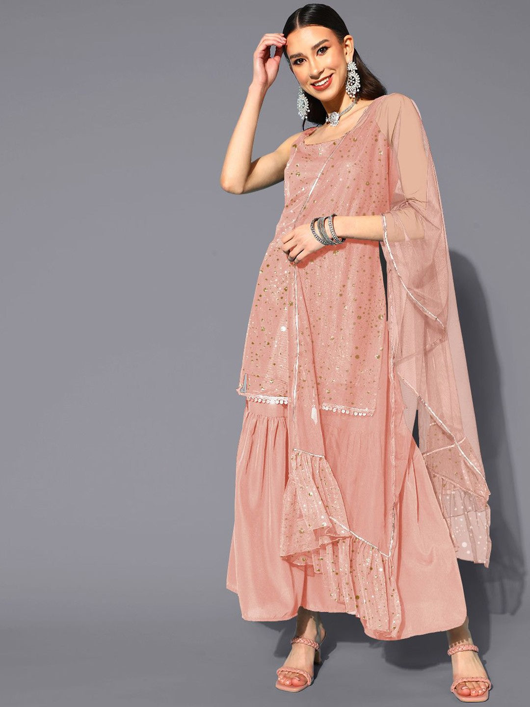 Abstract Printed Square Neck Net Kurti With Sharara & Dupatta