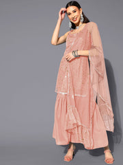Abstract Printed Square Neck Net Kurti With Sharara & Dupatta