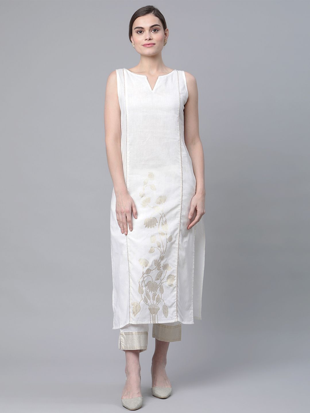 Off White Cotton Printed Kurta with Trousers | Women's Kurta Sets