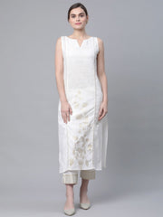 Women Off White Pure Cotton Printed Kurta with Trousers-AHKUPN-COMBO-474