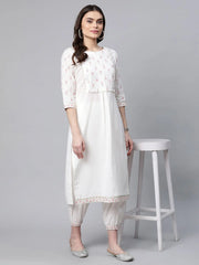 Off White Pure Cotton Printed Floral Kurta With Trousers-AHKUPN-COMBO-488