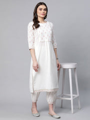 Off White Pure Cotton Printed Floral Kurta With Trousers-AHKUPN-COMBO-488