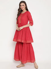 Women's Red Pure Cotton Gold Print Sharara Set-AHKUGH-COMBO-334