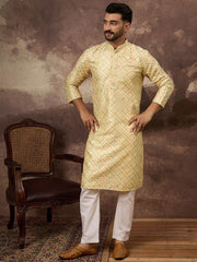 Ethnic Bay Men Yellow Silk Blend Solid Embroidered Straight Kurta With Pant Set-MKSET1383