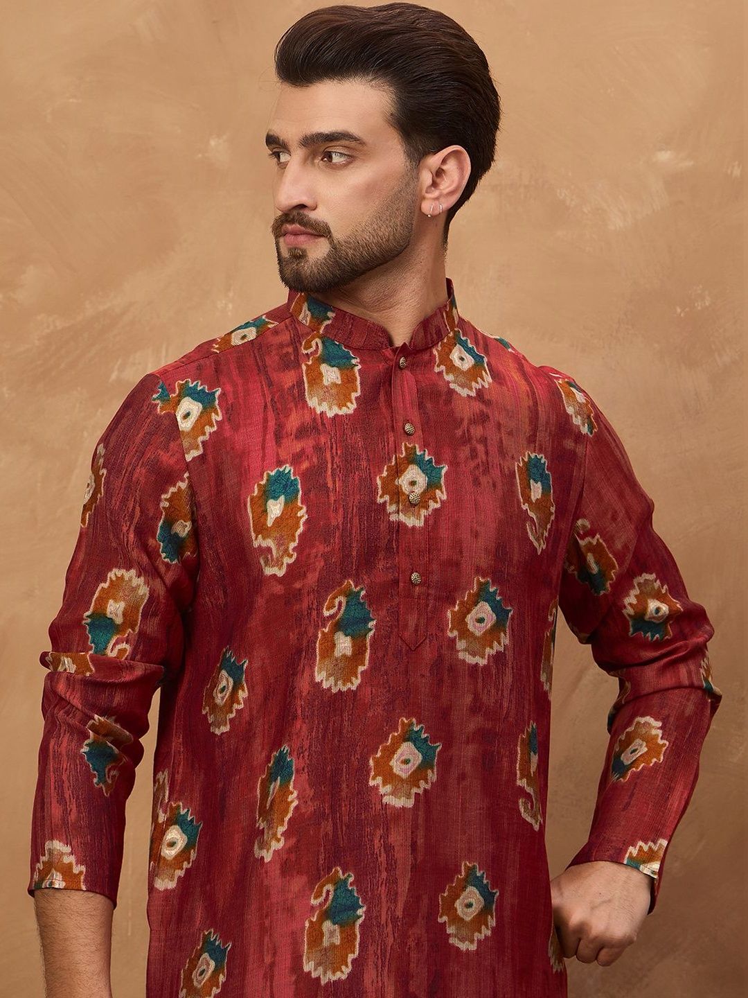 Ethnic Bay Men Red Viscose Rayon Ethnic Motifs Printed Straight Kurta With Pant Set-MKSET1544