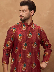 Ethnic Bay Men Red Viscose Rayon Ethnic Motifs Printed Straight Kurta With Pant Set-MKSET1544