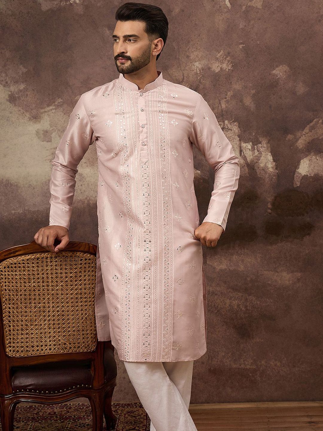 Ethnic Bay Men Pink Silk Blend Solid Embroidered Straight Kurta With Pant Set-MKSET1362