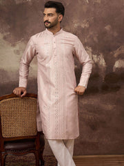 Ethnic Bay Men Pink Silk Blend Solid Embroidered Straight Kurta With Pant Set-MKSET1362