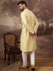 Ethnic Bay Men Yellow Silk Blend Solid Embroidered Straight Kurta With Pant Set-MKSET1383