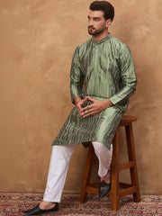 Ethnic Bay Men Green Silk Blend Solid Embroidered Straight Kurta With Pant Set-MKSET1439
