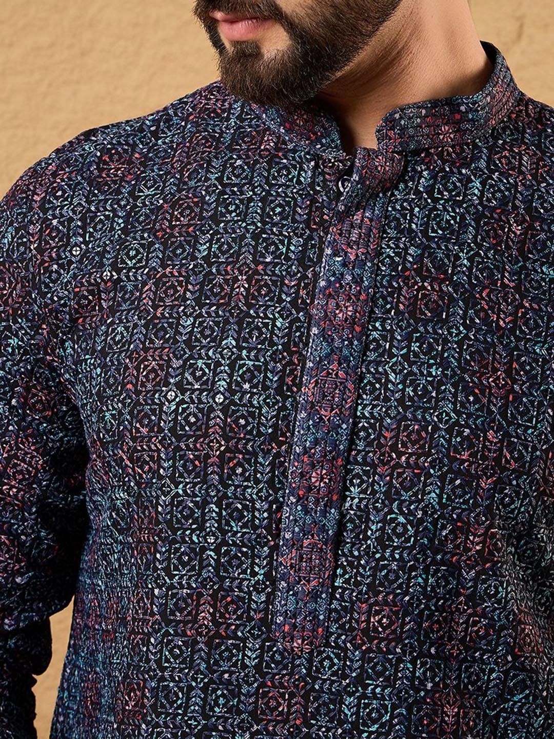 Ethnic Bay Mens Blue Viscose Rayon Abstract Embroidered Chikankari Straight Kurta With Pant Set-MKSET1172