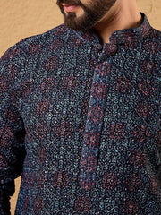 Ethnic Bay Mens Blue Viscose Rayon Abstract Embroidered Chikankari Straight Kurta With Pant Set-MKSET1172
