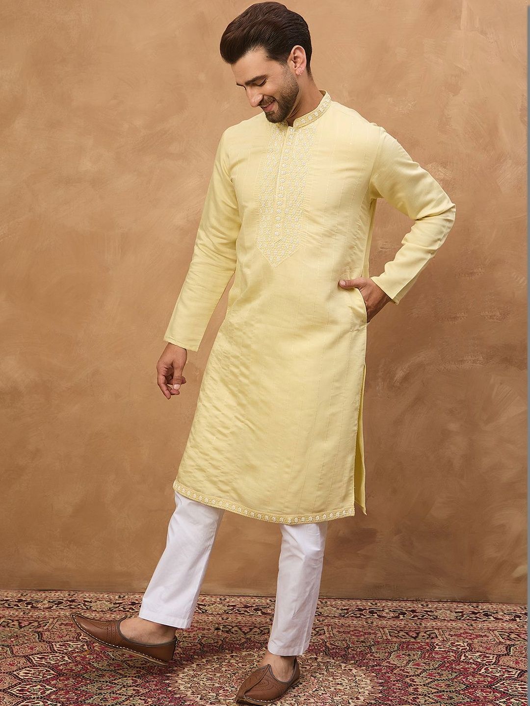 Ethnic Bay Men Yellow Silk Blend Solid Embroidered Straight Kurta With Pant Set-MKSET1507