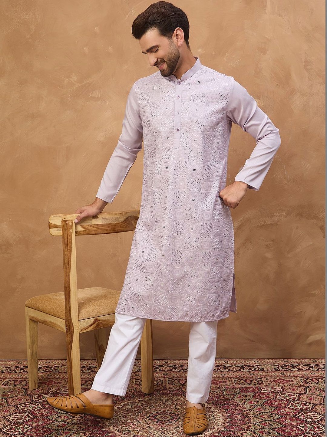 Ethnic Bay Men Lavender Silk Blend Solid Embroidered Straight Kurta With Pant Set-MKSET1443