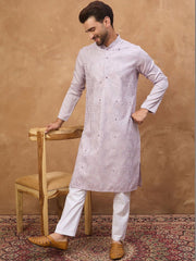 Ethnic Bay Men Lavender Silk Blend Solid Embroidered Straight Kurta With Pant Set-MKSET1443