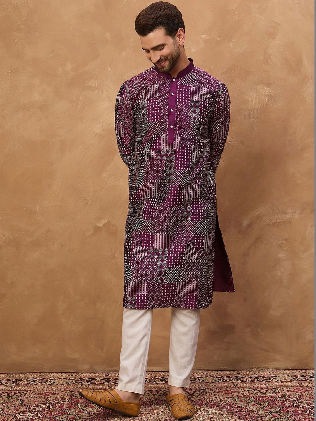 Ethnic Bay Men Purple Silk Blend Geometric Printed Straight Kurta With Pant Set-MKSET1529