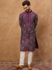 Ethnic Bay Men Purple Silk Blend Geometric Printed Straight Kurta With Pant Set-MKSET1529