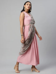 Baby Pink Georgette Saree Dress With Printed Pallu-AHDRCRGRDP-956