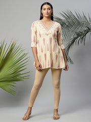 Beige Pure Cotton Printed Tunic-AHTUCOGPPG-8052