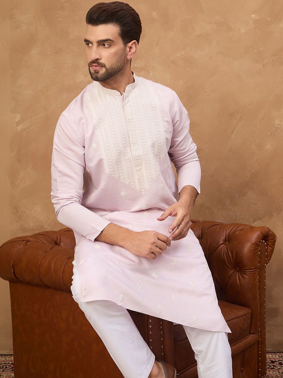 Ethnic Bay Men Lavender Silk Blend Solid Embroidered Straight Kurta With Pant Set-MKSET1448