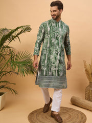 Ethnic Bay Men Green Viscose Rayon Batik Embroidered Straight Kurta With Pant Set-MKSET1500